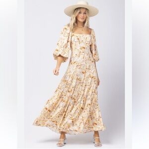 L*Space Bahia Balloon Sleeve Bohemian Cream & Orange Floral Tiered Maxi Dress XS